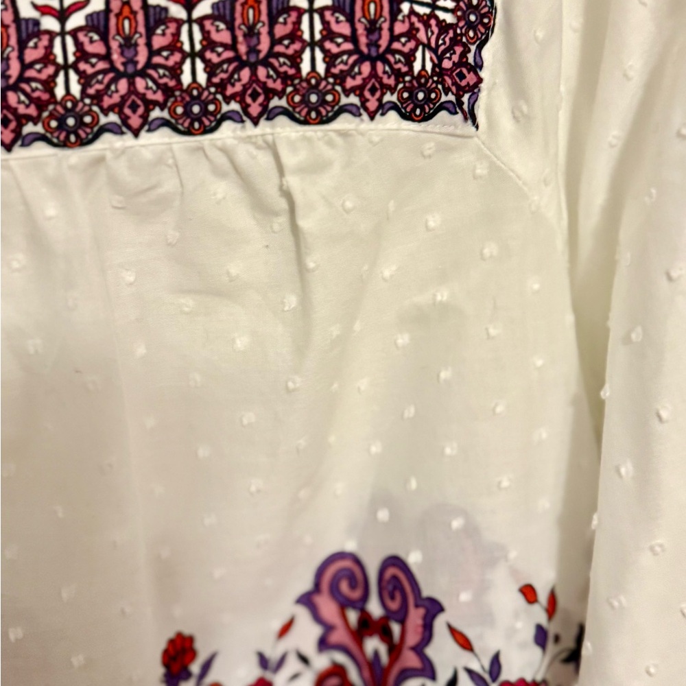 Charter Club White Blouse with Red and Purple Paisley Border - Picture 5 of 7